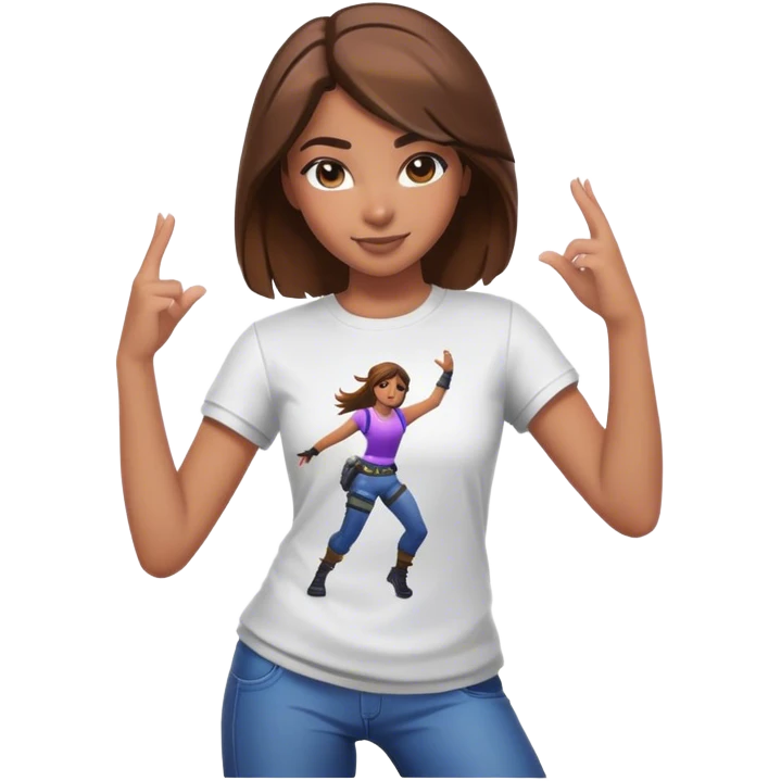 Girl with brown hair dancing with Fortnite shirt emoji