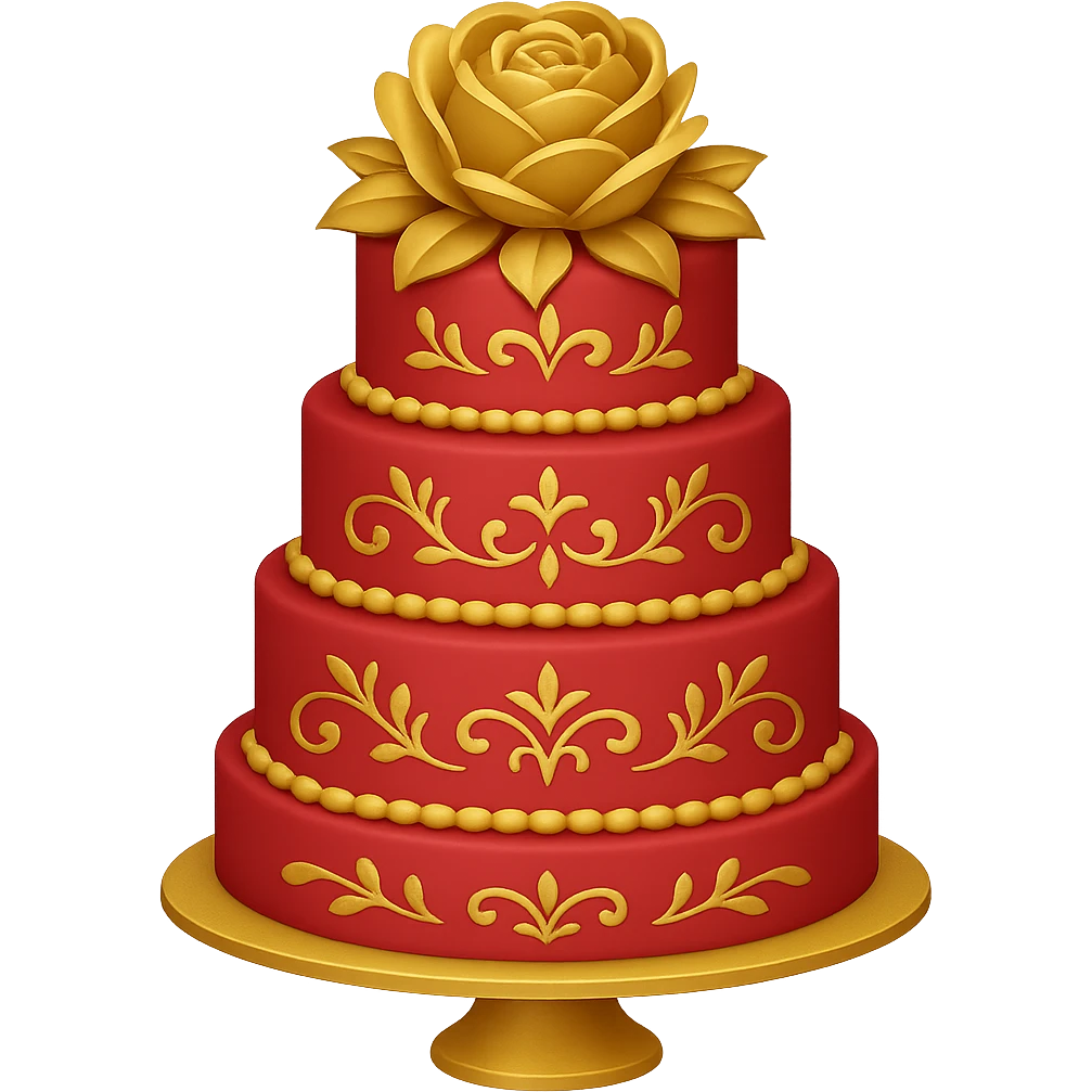 Add gold accents to the red wedding cake with floral decorations. Keep the background transparent. The style is emoji style with concise and simple details. emoji