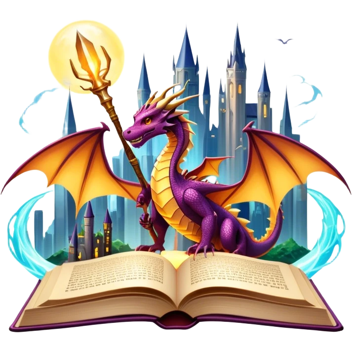 Icon for Fantasy and Science Fiction: a magical book with glowing pages, surrounded by a dragon, a spaceship, a wizard’s staff, and a futuristic cityscape. The icon should capture the adventure, magic, and imagination of fantasy and sci-fi worlds. Transparent background. emoji