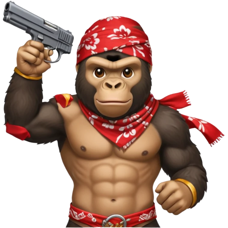 A gorilla holding a gun in the air with a bandana  emoji