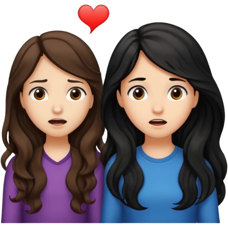 

 
Two girls are talking; one girl who have a ling wayv brown hair looks confused with question , while the other girl with long black hair explains something.  emoji