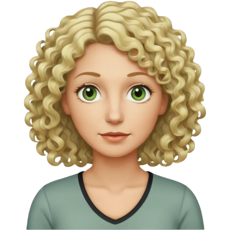a woman in her late 40s and has greyish greenish eyes and blonde curly hair wearing a grafic top# emoji