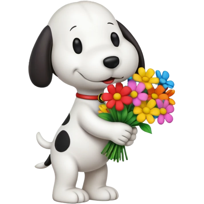 classic snoopy, colorful with bold outline, with a bouquet of flowers  emoji