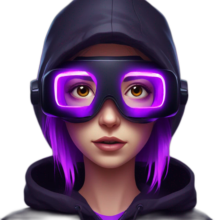 Russian girl wearing black hoody with violet letters "OMG", in vr headset. Cyberpunk style. Violet neon. emoji