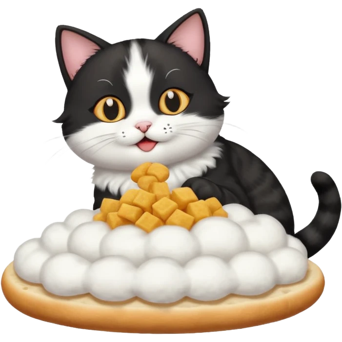 a black and white cat eating a feast on a cloud emoji