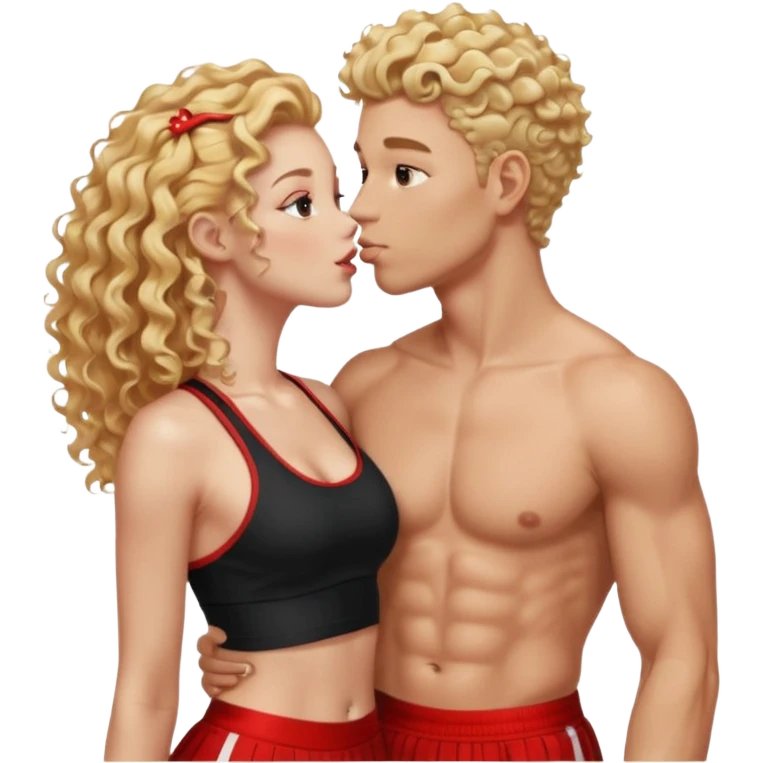 athletic man, high top fade, blonde curly hair only top only, no shirt and Athletic girl with long light red wavy long hair and black sports, Put them together kissing, or holding hands give the girl red hair and a long skirt emoji