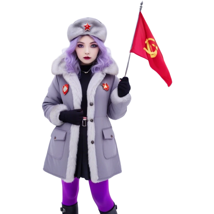 Russian Girl with lavender hair faded black in the bottom + wavy hair
white ushanka +Soviet pin
light grey jacket with light purple fur
grey skirt
dark grey leggings
light grey boots with light purple fur
grey eyes
snow white color skin
holding a Russian flag
is in Moscow Russia emoji