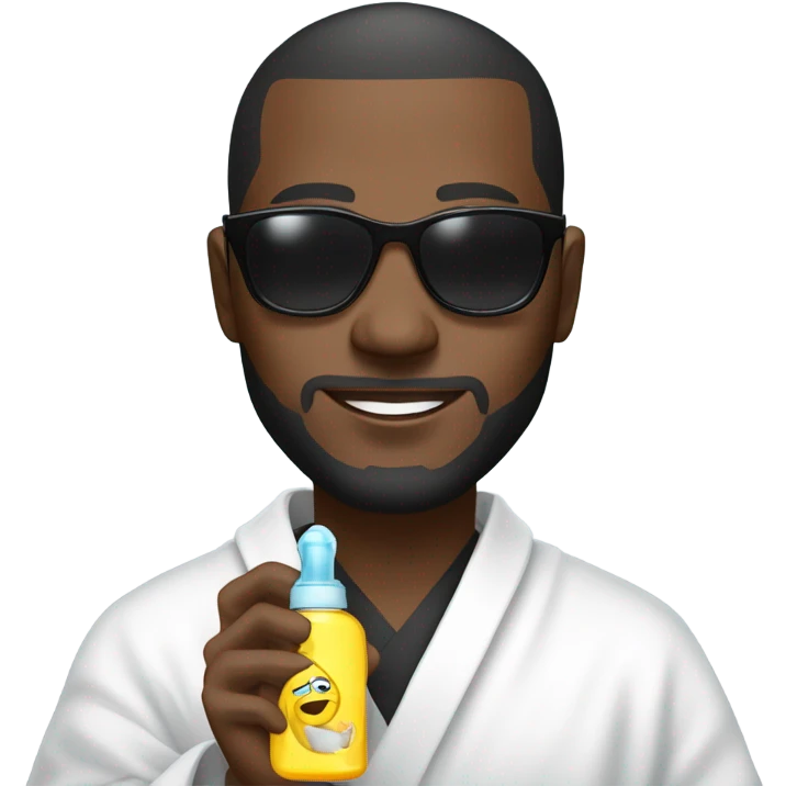 Black man in robe holding a baby and baby oil and he has sunglasses on  emoji