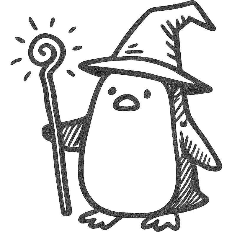 A penguin wizard with a magical staff and a pointy hat emoji