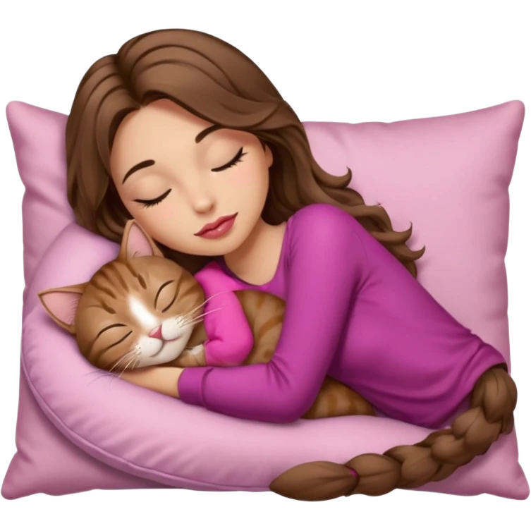 girl with long wavy brown hair, brown eyes, long lashes makeup, sexy pink lips, light to medium complexion,  sleeping on a cozy pillow, with brown tabby cat, sleeping emoji