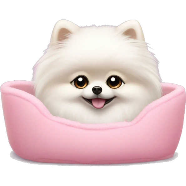 A small white pomeranian with a bow on her head, sitting in a pink furry bed emoji