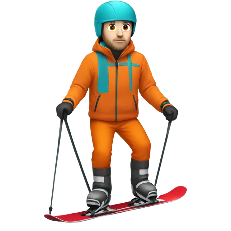 white man skiing wearing an ORANGE JACKET and a RED HELMET and wearing TURQUOISE PANTS emoji
