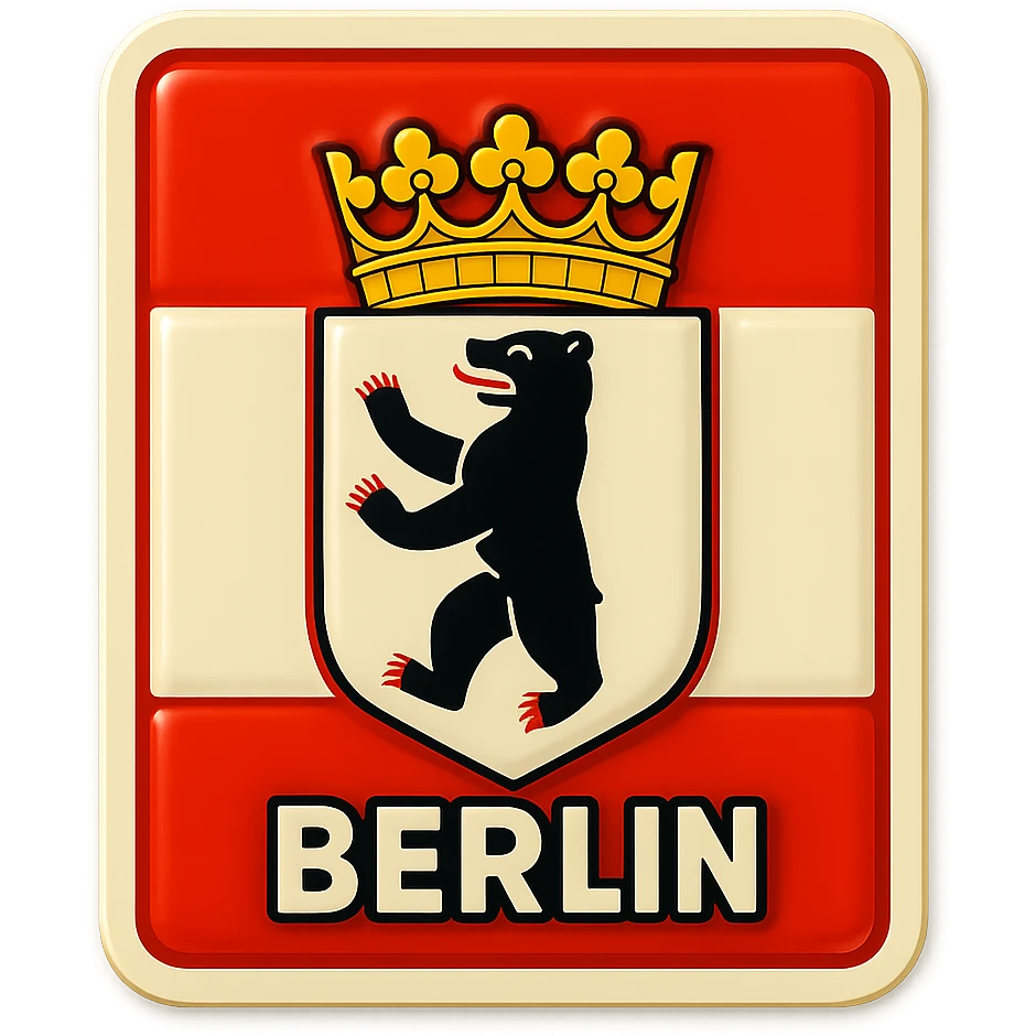 Create an icon for Berlin with a rectangular flag background that is white with red stripes. Center the Berlin coat of arms featuring a bear with a crown. The style should be retro stickers, less cartoonish, and match exactly the same format and proportions as the previous icons for Bayern and Brandenburg. No text included. emoji