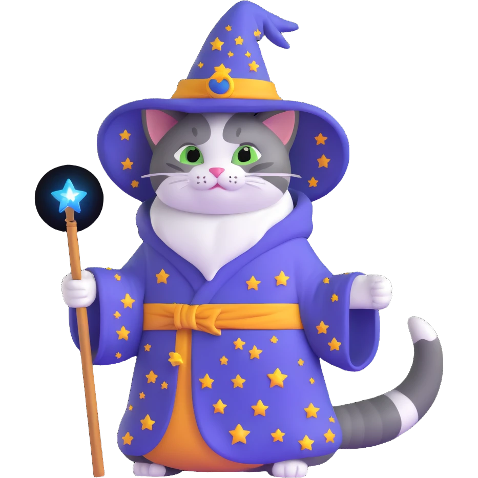 wizard cat with a starry robe and hat emoji