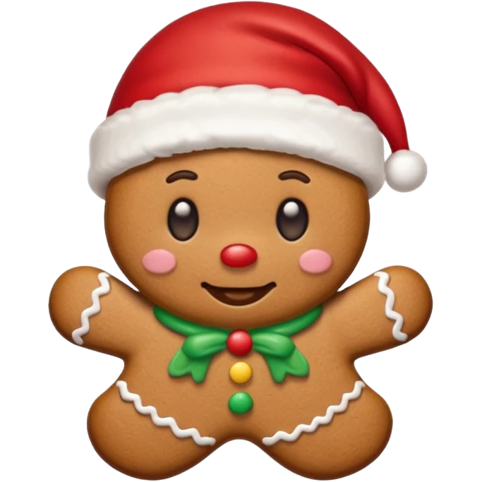 A cute gingerbread cookie with a face and a Santa hat emoji