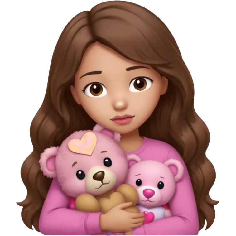 girl with long wavy brown hair, brown eyes, light to medium complexion, in a pink shirt, pink lips, long lashes, sad, hugging squeezing  a teddy bear with hearts emoji