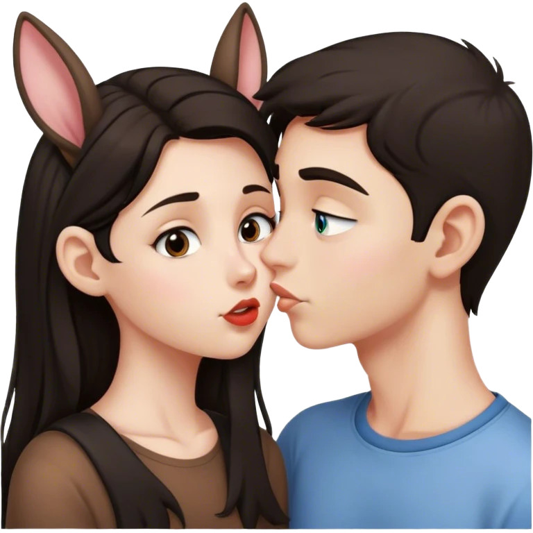 Caucasian brunette girl teen kissing dark haired teen boy with big ears emoji
