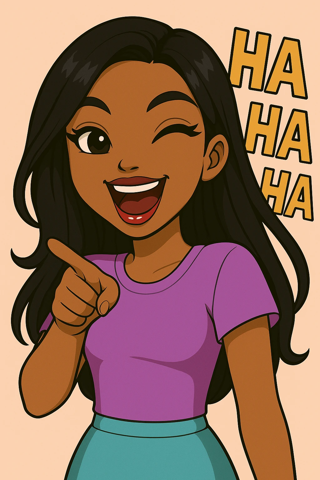 Keep her pointing and laughing with 'ha ha ha' in the background, headshot only, 20-year-old anime Bratz style woman with dark skin, straight hair, more trendy outfit, big expressive eyes, glossy lips, no hat, no tears, happy expression, looking straight ahead. The style should reflect anime Bratz aesthetics with vibrant colors and expressive features. emoji