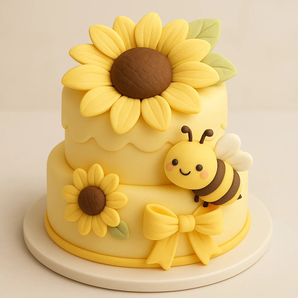 Add a cute bee next to the yellow flower in the fondant cake art style, keeping the cake-like appearance and colors consistent with the original image. emoji