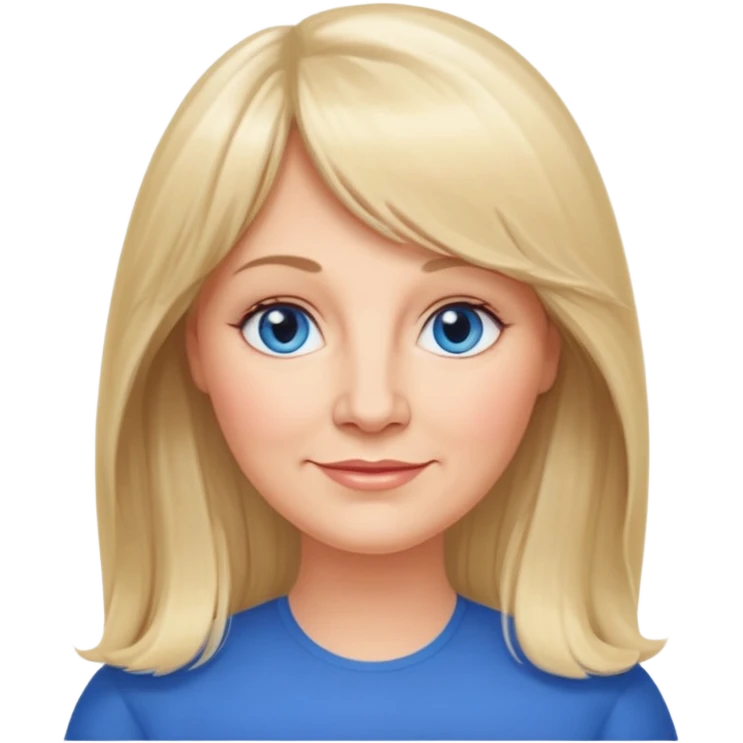 50 yr old white woman, curtain bangs, very long straight blond hair, oval face, small smile, blue eyes, slightly chubby face emoji