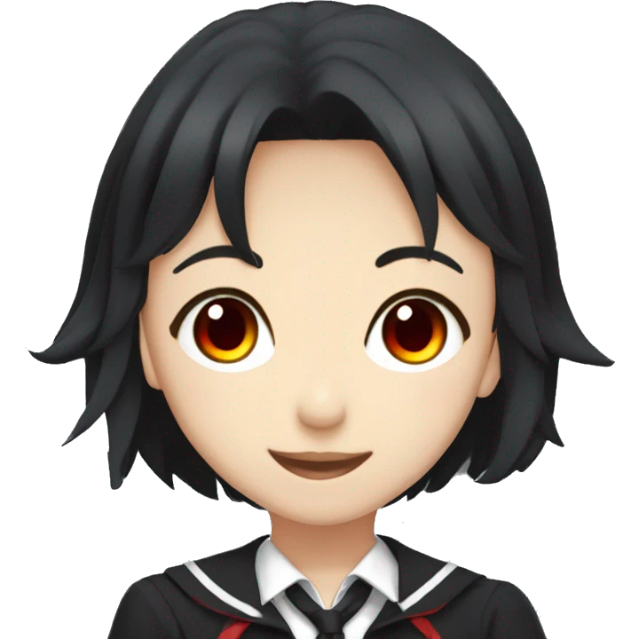 anime girl, short black hair, red eyed, one eyepatch, black school uniform emoji