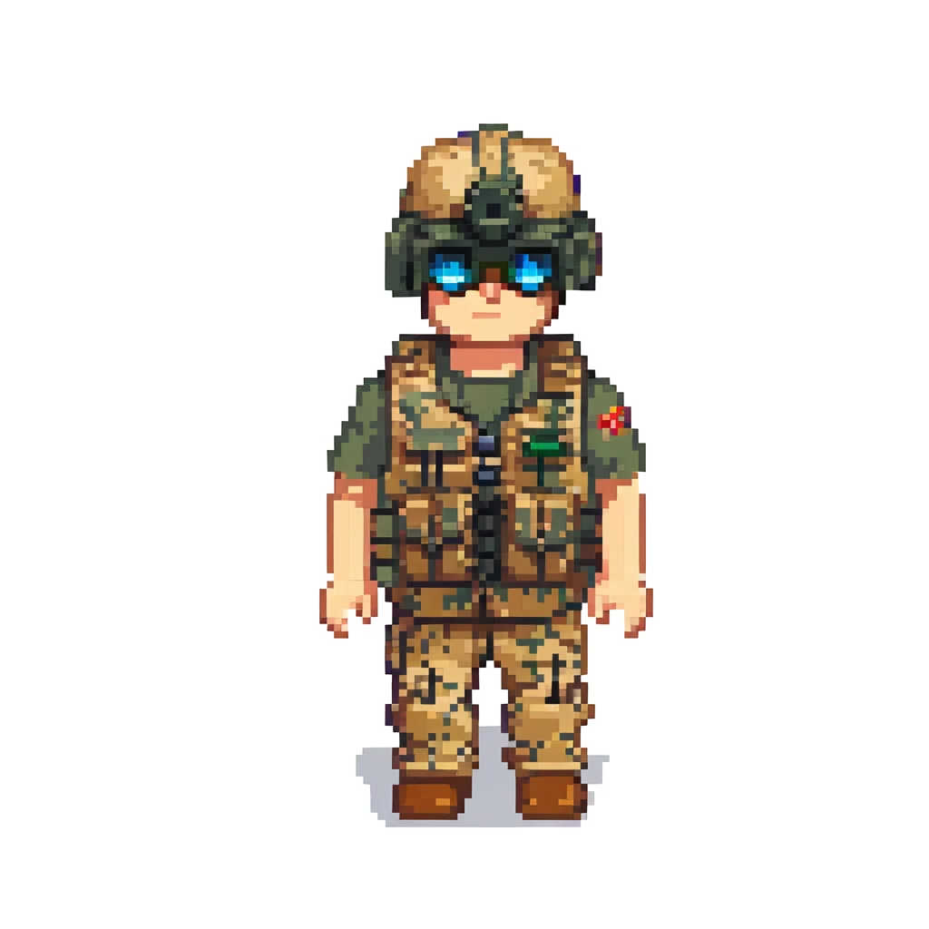robloxian military man, blocky avatar, desert camo, tactical vest, holding binoculars, plain background emoji