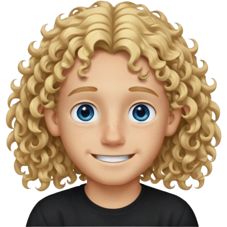 blonde boy with long curly hair past his ears, smiling, wearing a black shirt with freckles and blue eyes emoji
