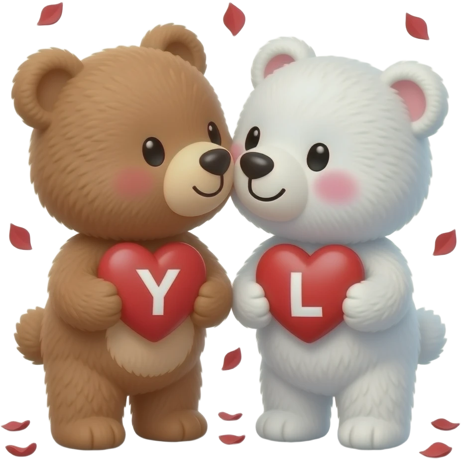 I want one light brown bear teddy kissing on cheek white bear teddy both holding heart , both a little furry, the  white bear blushes and smiles , add letter Y to the heart of the brown bear and letter L to the heart of the white bear , raining rose petals emoji