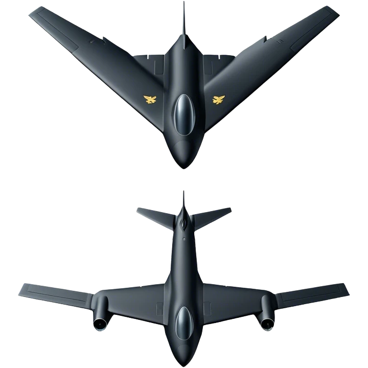 B-2 Spirit bomber - Northrop B-2 (Model Year: 2021) (Iconic colour: Stealth black) - A sleek, stealth bomber with smooth, angular contours and a matte jet-black finish. Emphasize a futuristic, minimalist design with a seamless fuselage, low-profile wings, and an overall intimidating stealth aesthetic. emoji