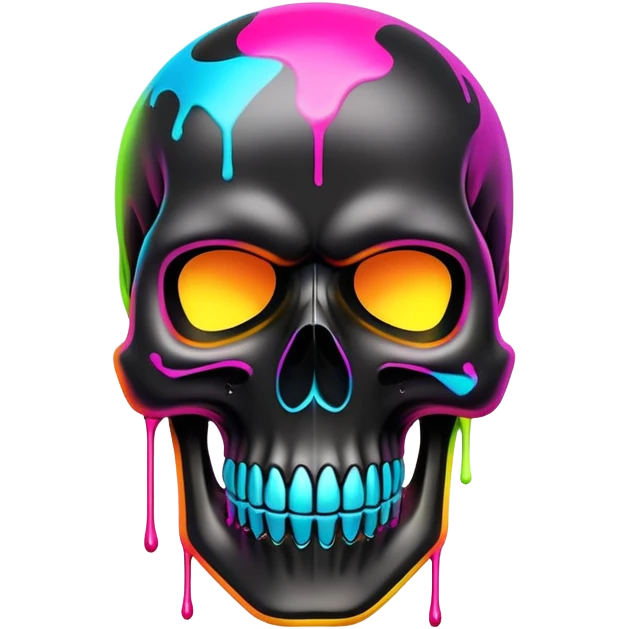 sleek black skull with vibrant neon graffiti tags and famous luxury brand logos spray painted, front view emoji