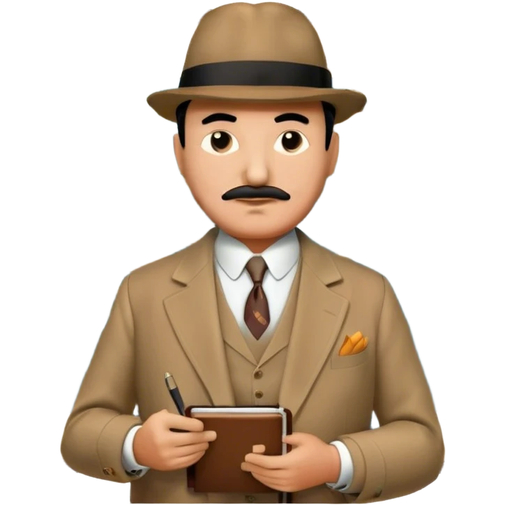 A cinematic-style frame showing Hercule Poirot in his iconic suit with a notebook in a dramatic detective pose. Background should be mysterious city, map, a board with photos of suspects, clues like fingerprints. Transparent background. emoji