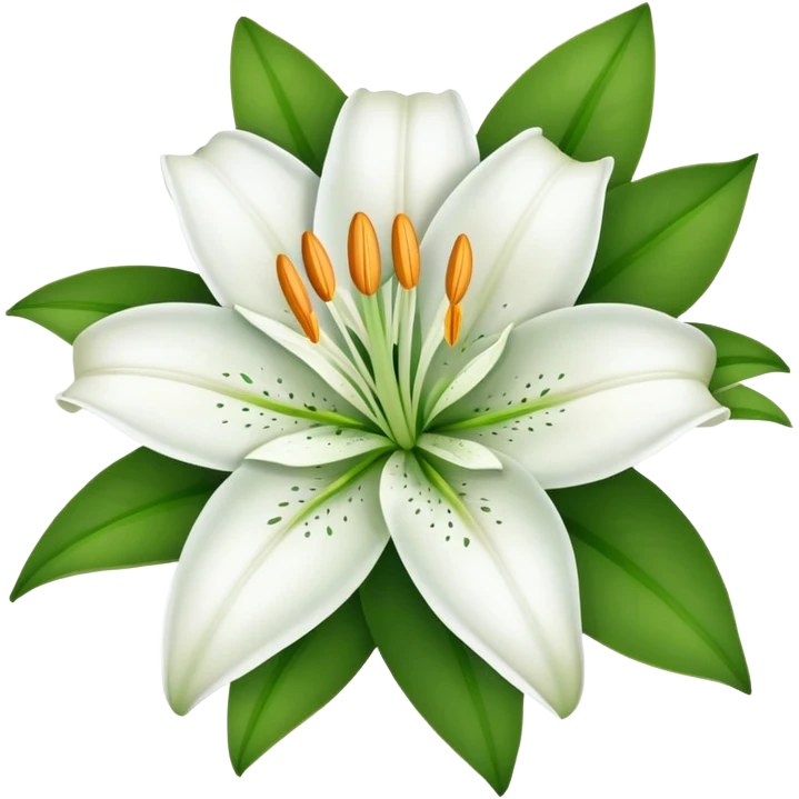 white lily flower with exactly six petals, one flower bud, and green leaves emoji