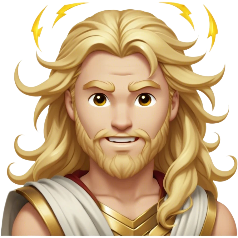 Cinematic Realistic Thor Portrait, head tilted dramatically with an exaggeratedly amused expression, featuring lively, twinkling eyes and a subtle, roguish grin. His fair, radiant skin and long, wavy golden hair, rendered with classical precision, complement his draped white toga adorned with delicate golden details and mythic lightning hints, all brought to life with dynamic lighting that captures both his divine power and playful, approachable charm. emoji