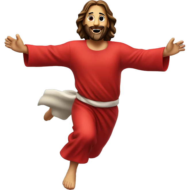 Jesus sprinting, with a large stride and arms outstretched, in a red santa costume emoji
