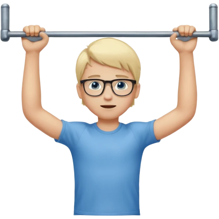 Wygeneruj mi emotke całego ubranego chłopaka od stóp do głów o włosach blond z niebieskimi oczami w okularach, który podciąga się na drążku emoji