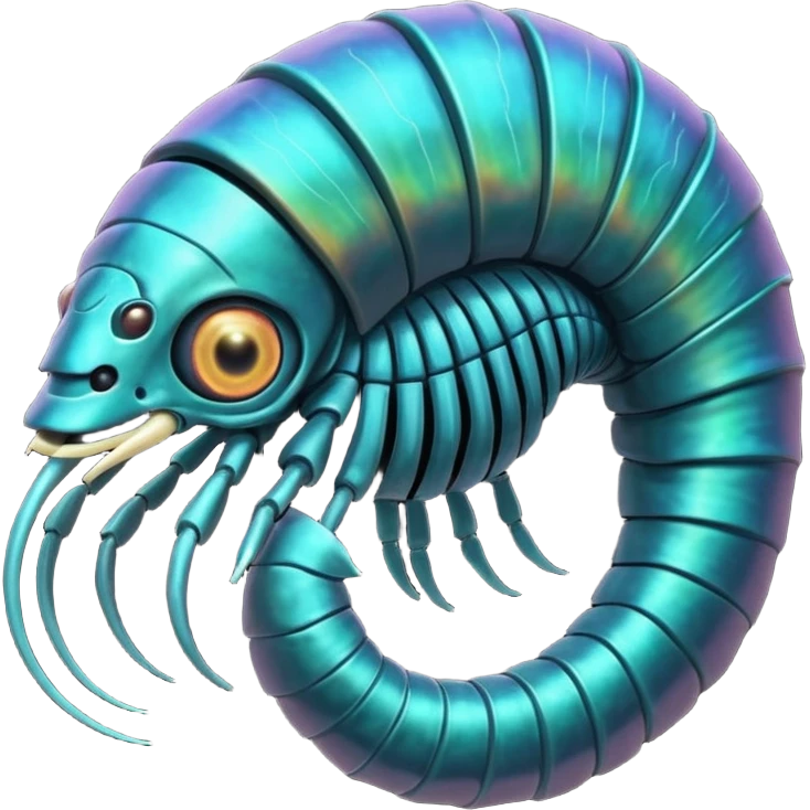 An iridescent, chitinous trilobite with glowing cyan eyes pulses rhythmically as a miniature black hole orbits its brow, distorting space-time. Its fractal-patterned exoskeleton shifts colors unsettlingly, and its mouth opens into a spiraling void that hums with forgotten whispers. emoji