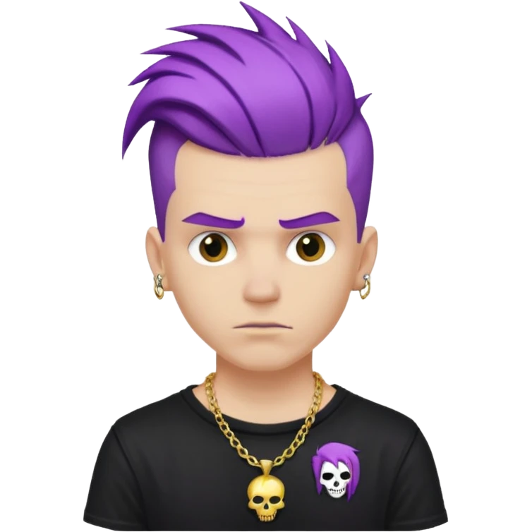 make a iphone emoji who is a white man that looks punk with purple punkk hair, with a black punk shirt and a golden neckless emoji