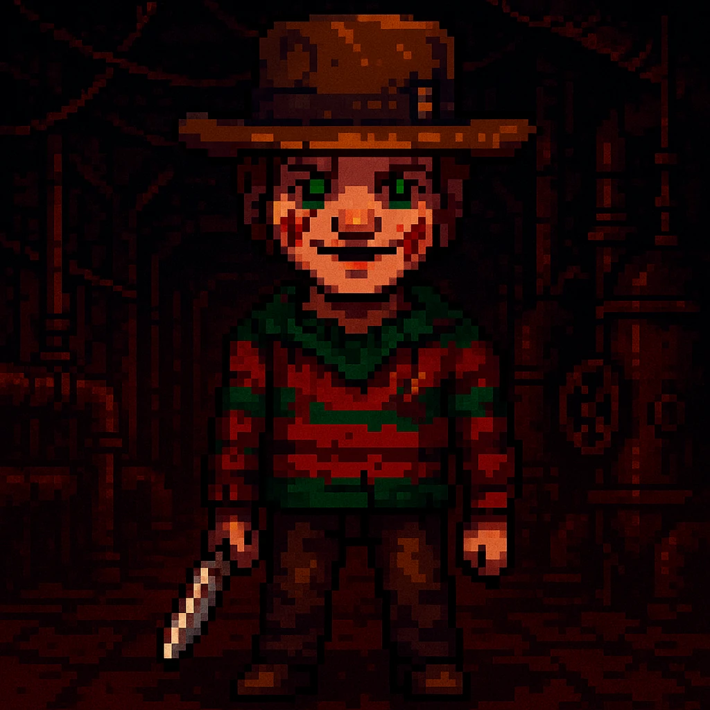 Add a spooky, nightmarish background with a boiler room and dark shadows behind Freddy Krueger, keep pixel art style emoji