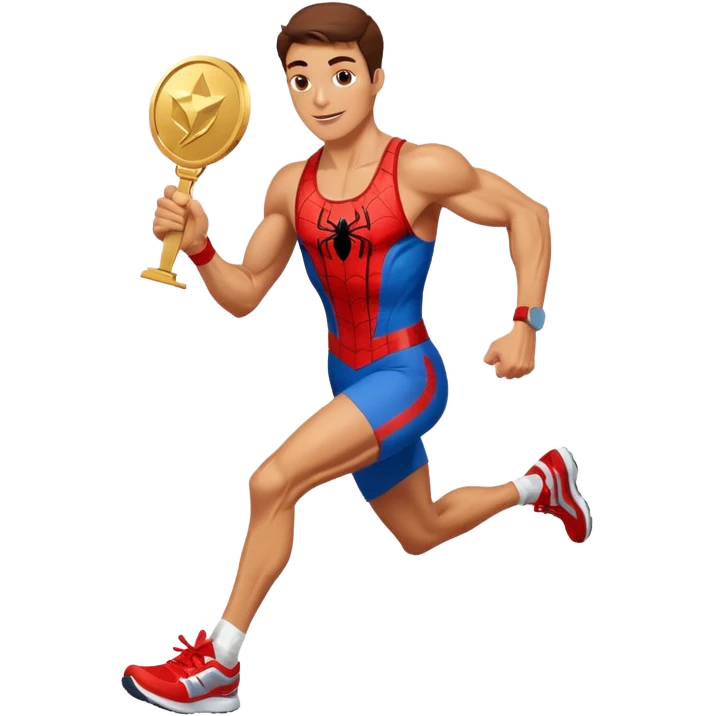 spiderman picking running a marathon with gold medal emoji