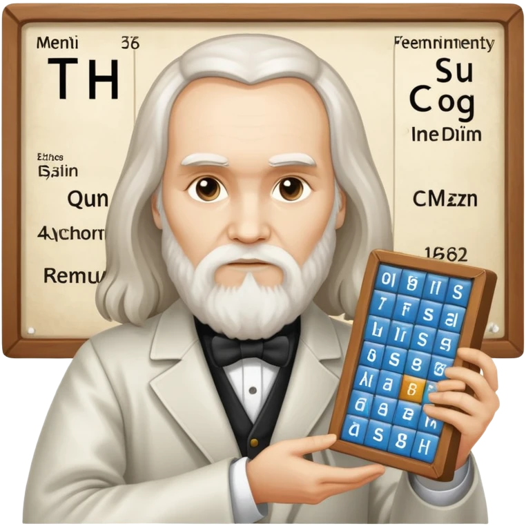 Dmitri Mendeleev with periodic table of elements emoji