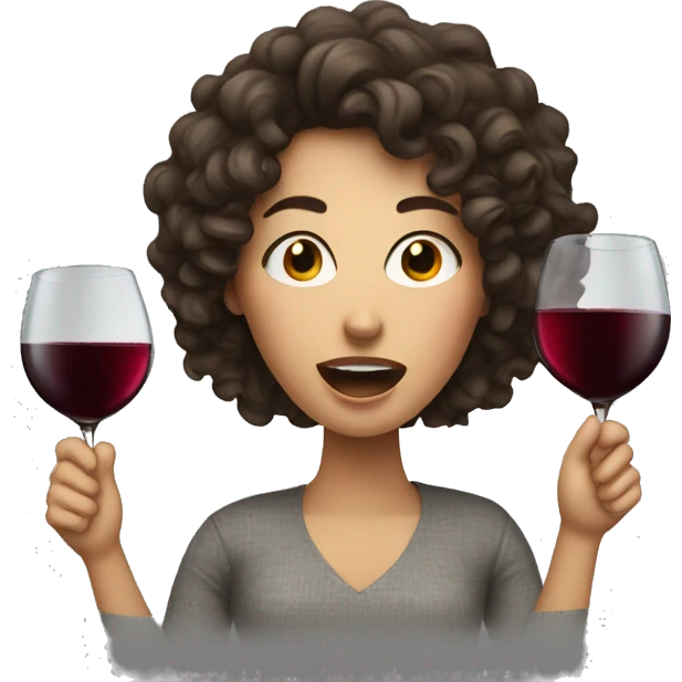 White Woman with curly dark brown hair drinking wine shouting emoji