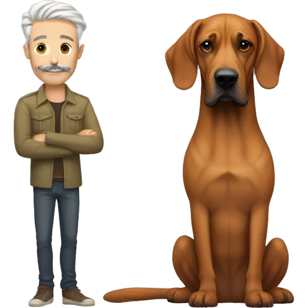 white man with long rainbow colored hair and twisted mustache next to a brown rhodesian ridgeback emoji