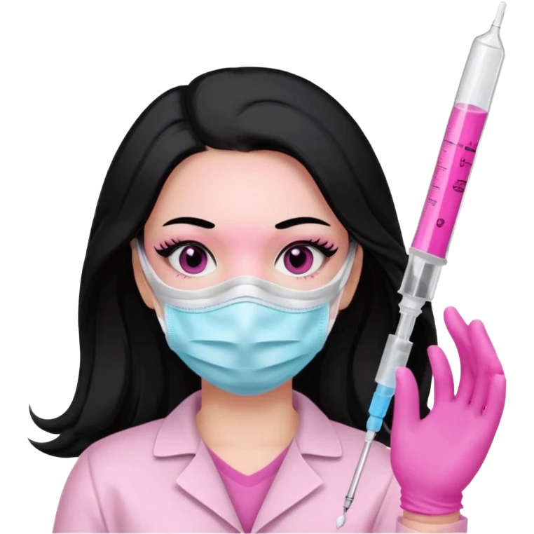 laboratorista con guantes rosa y mascarilla rosa  jeringa tubo laboratorio sin lentes  y  ojos negros cabello largo negro color ojos oscuro emoji