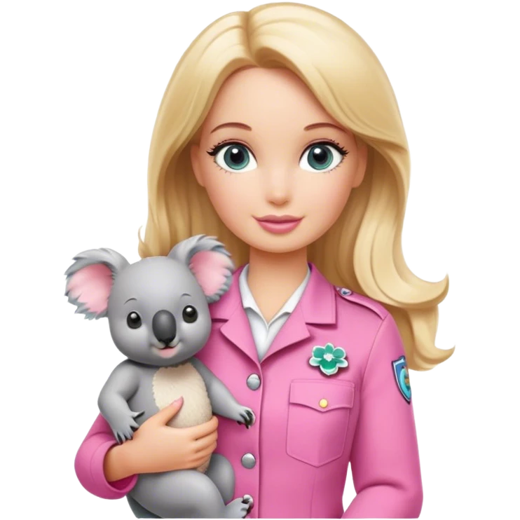 Blonde zookeeper Barbie, holding a koala, pink uniform emoji