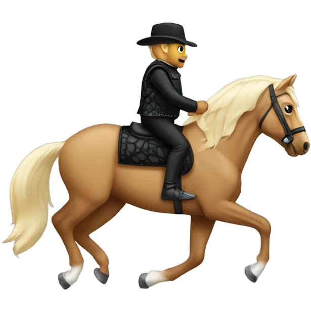  A Palomino horse running with a black sequin rug on his back and a brown rider on his back without a helmet dressed in black pants and a vest  emoji