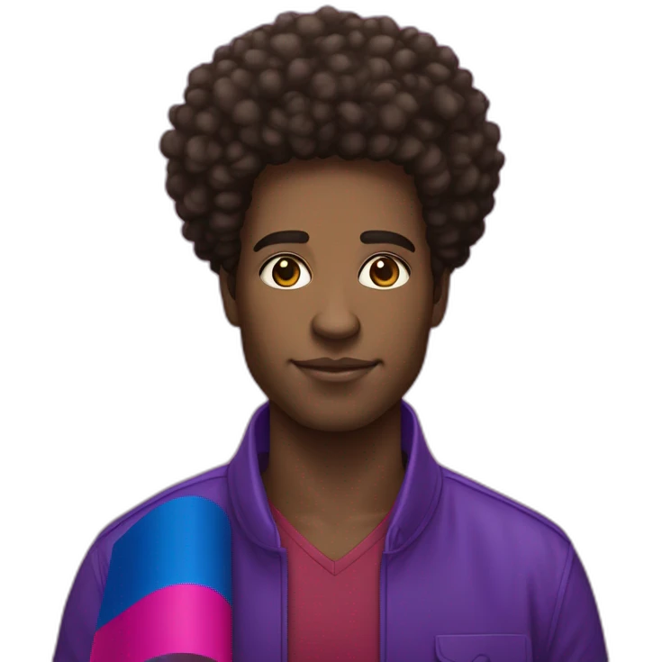 african-american man with curly "afro" hair holding the 3 shade bisexual flag emoji