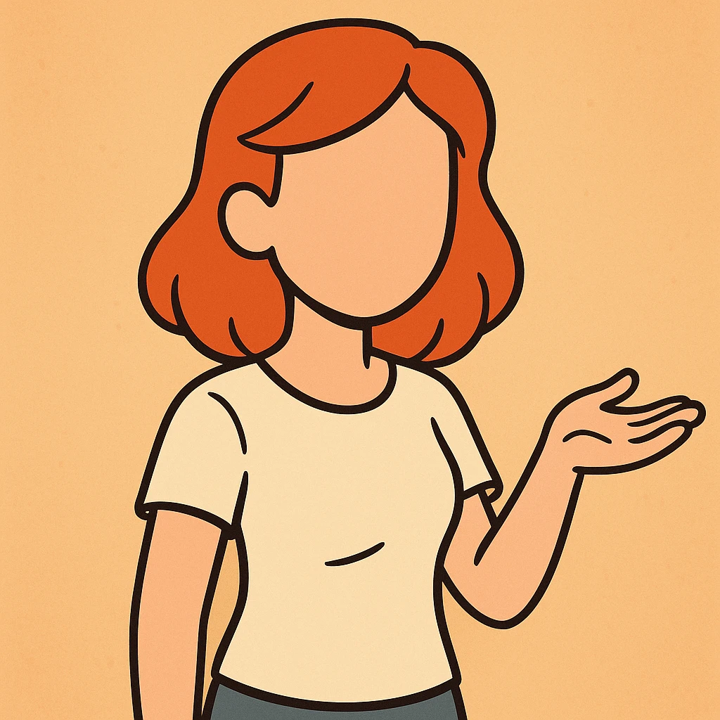 friendly young woman avatar with red hair, no face, gentle posture, warm color palette, simple flat toon illustration emoji