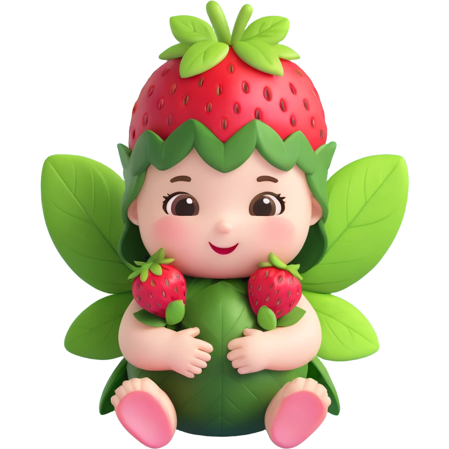 3D style baby strawberry fairy character with a soft, chubby face, pinkish skin, strawberry leaves and a small strawberry on its head, round plush body, playful expression emoji