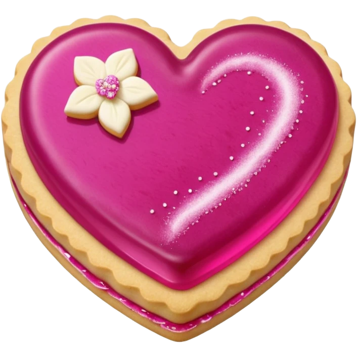 Realistic shortbread cookie in the shape of a heart with Fuchsia color jelly middle filling and sprinkled powder sugar on top. emoji