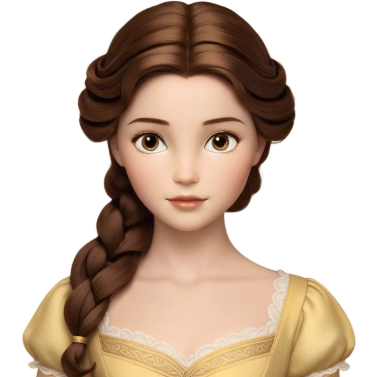 Cinematic Realistic Belle Portrait, depicted with lifelike skin texture, soft natural lighting, and intricately detailed brown hair styled elegantly. Her deep, expressive eyes exude warmth and intelligence, complemented by a serene and graceful expression. She is dressed in her classic attire, with rich fabric textures and delicate folds that catch the light beautifully. The portrait features a soft, enchanting glow with a natural, radiant finish, capturing the essence of timeless beauty in a realistic and painterly style, evoking a sense of depth and authenticity. emoji